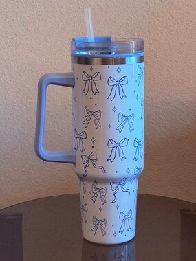 New! Light Blue Bow Pattern Travel Tumbler with Handle 40 oz Stainless Steel